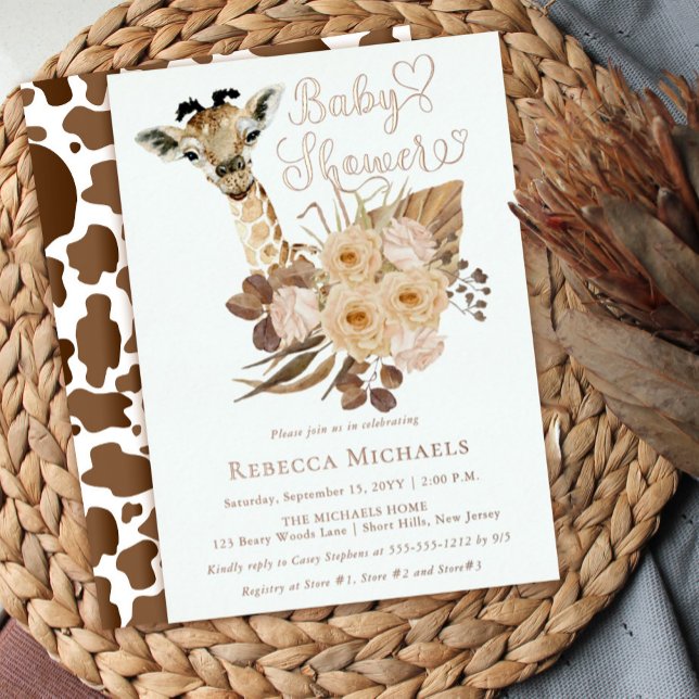 Cute Giraffe Boho Dried Grasses Baby Shower Foil Invitation (Creator Uploaded)