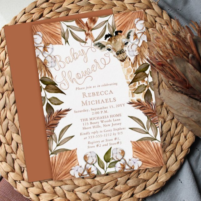 Cute Giraffe Boho Dried Grasses Baby Shower  Foil  Invitation (Creator Uploaded)