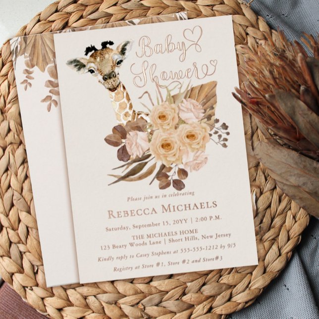 Cute Giraffe Boho Dried Grasses Baby Shower  Foil Invitation (Creator Uploaded)