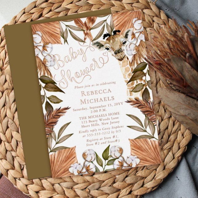 Cute Giraffe Boho Dried Grasses Baby Shower Foil Invitation (Creator Uploaded)