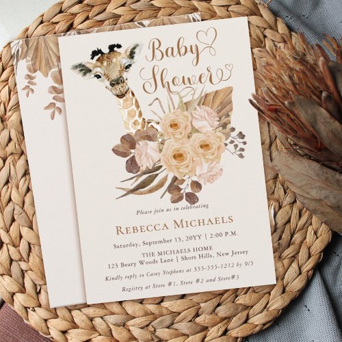 Cute Giraffe Boho Dried Grasses Baby Shower Invita Invitation