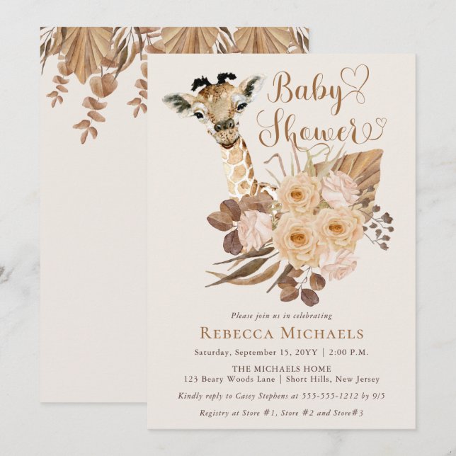 Cute Giraffe Boho Dried Grasses Baby Shower Invitation (Front/Back)