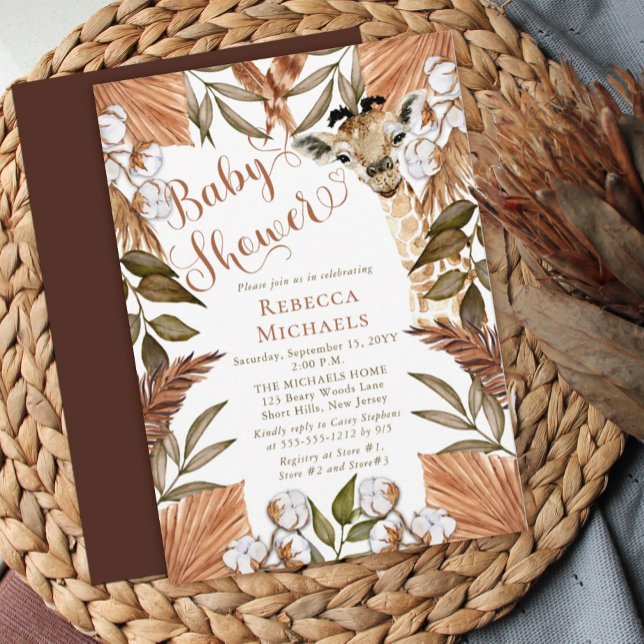Cute Giraffe Boho Dried Grasses Baby Shower  Invitation (Creator Uploaded)