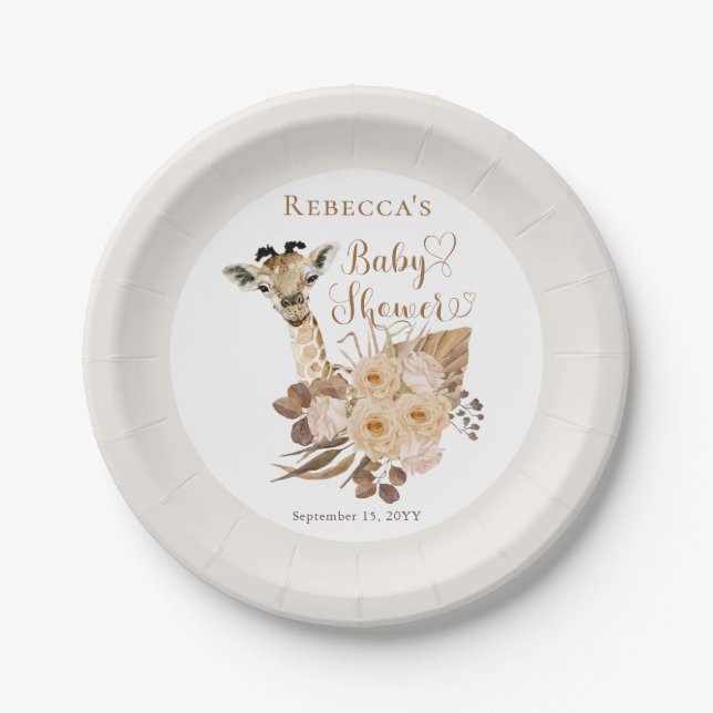 Cute Giraffe Boho Dried Grasses Baby Shower Paper Plates (Front)