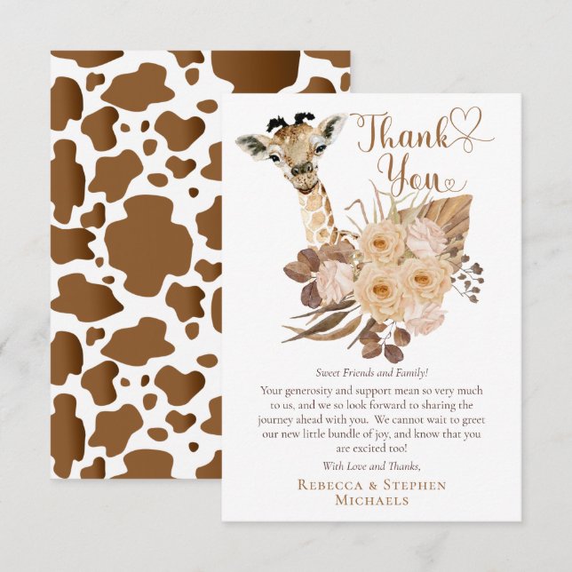 Cute Giraffe Boho Dried Grasses Baby Shower  Thank Thank You Card (Front/Back)