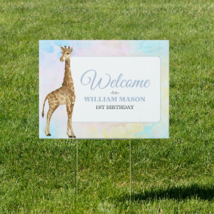 Cute Giraffe Boy 1st Blue Birthday Sign