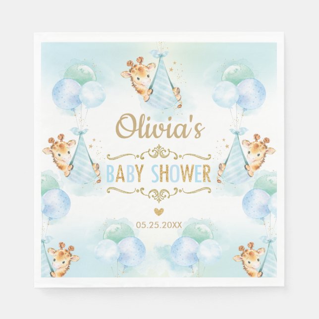Cute Giraffe Boy Baby Shower Blue Paper Napkin (Front)