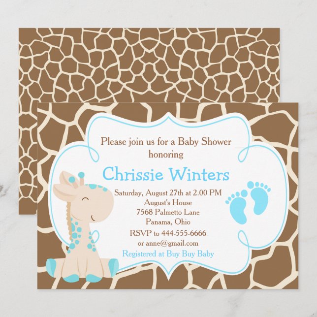 Cute Giraffe Boy Blue Baby Shower Invitation (Front/Back)