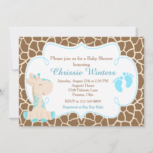 Cute Giraffe Boy Blue Baby Shower Invitation