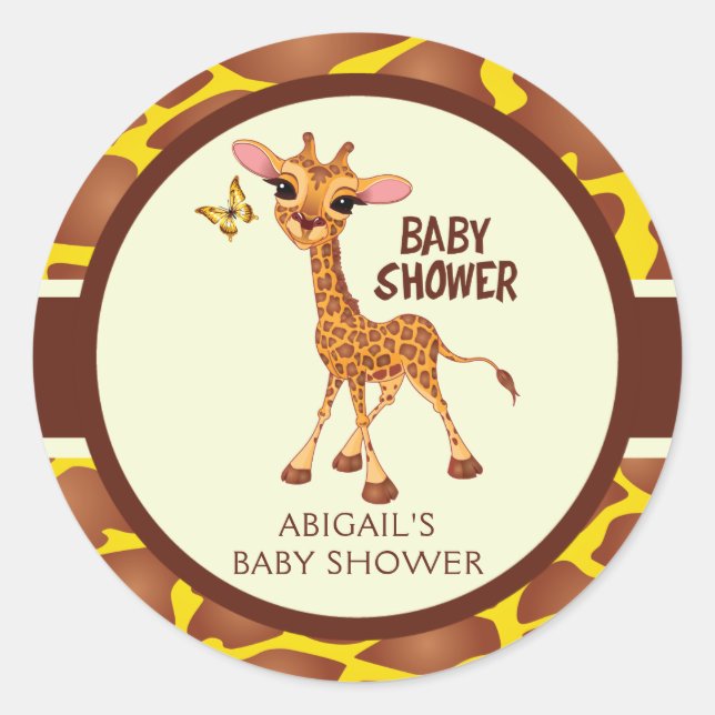 Cute Giraffe & Butterfly, Baby Shower Classic Round Sticker (Front)