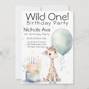 Cute Giraffe Cake Balloon 1st Birthday Wild One Invitation