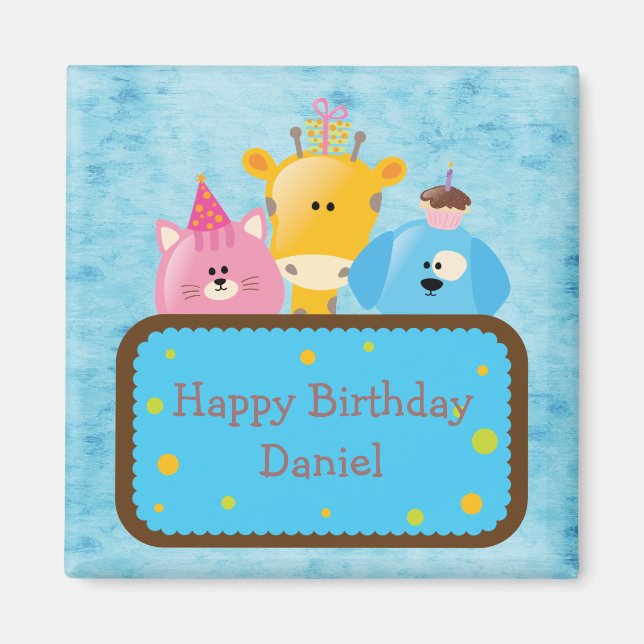 Cute Giraffe Cat & Dog Personalized Happy Birthday Magnet (Front)