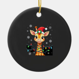 Cute Giraffe Christmas Lights Santa Hat Xmas Pajam Ceramic Ornament