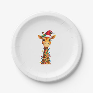 Cute Giraffe Christmas Lights Santa Hat Xmas Pajam Paper Plates
