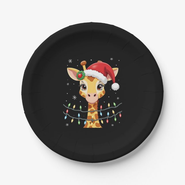 Cute Giraffe Christmas Lights Santa Hat Xmas Pajam Paper Plates (Front)