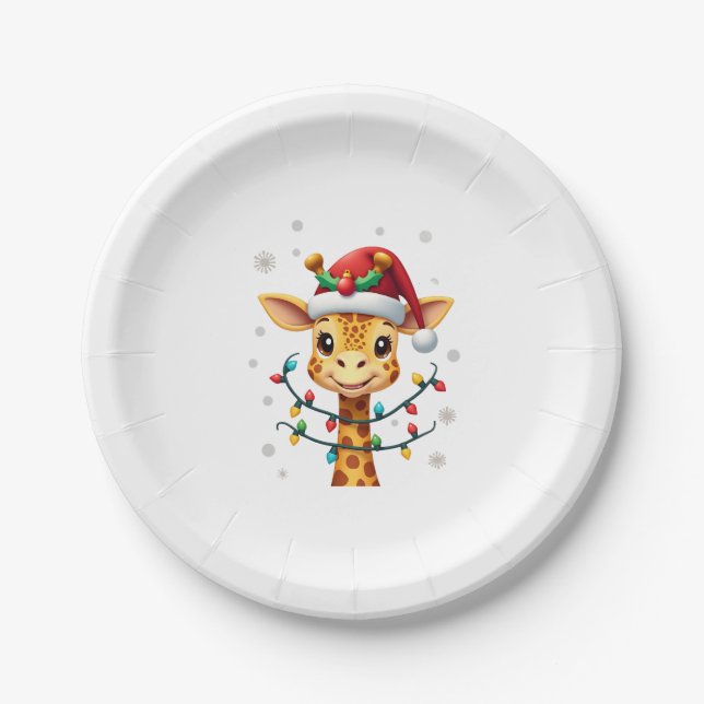 Cute Giraffe Christmas Lights Santa Hat Xmas Pajam Paper Plates (Front)