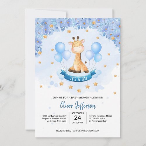 Cute giraffe clouds in sky blue flowers boy baby invitation