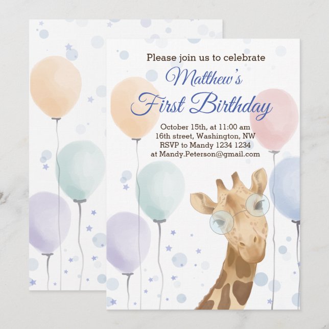 Cute Giraffe Colorful Balloon Boy Birthday Invitation (Front/Back)