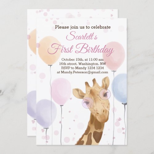 Cute Giraffe Colorful Balloon Girl 1th Birthday   Invitation