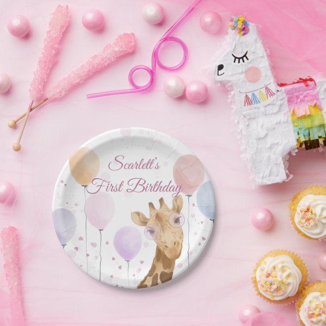 Cute Giraffe Colorful Balloon Girl 1th Birthday Paper Plates (Party)