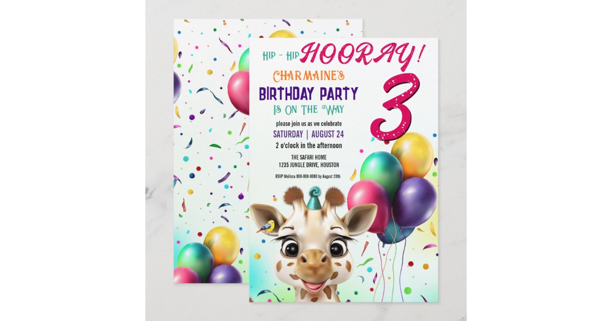 Cute Giraffe Colorful Confetti Kids Birthday Party Invitation | Zazzle