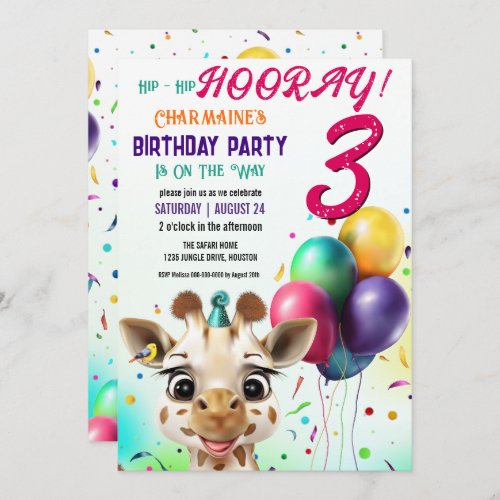 Cute Giraffe Colorful Confetti Kids Birthday Party Invitation