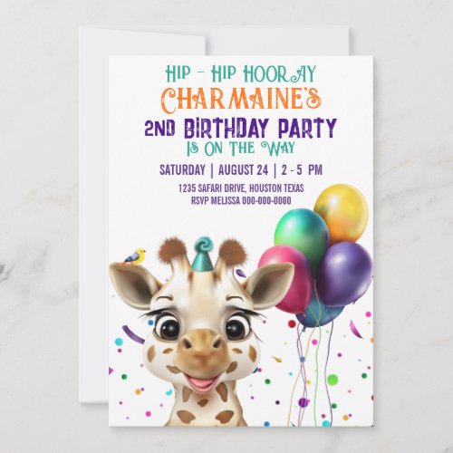 Cute Giraffe Colorful Confetti Kids Birthday Party Invitation