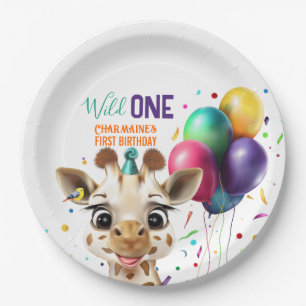 Cute Giraffe Colorful Confetti Kids Birthday Party Paper Plates