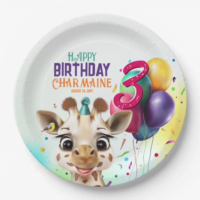 Cute Giraffe Colorful Confetti Kids Birthday Party Paper Plates (Front)