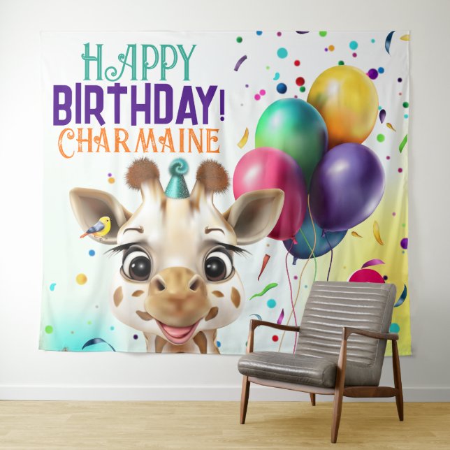 Cute Giraffe Colorful Confetti Kids Birthday Party Tapestry (In Situ (Horizontal))