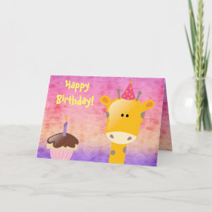 Cute Giraffe & Cupcake Happy Birthday Card