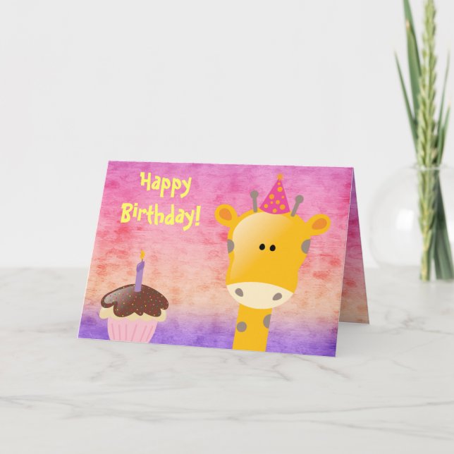 Cute Giraffe & Cupcake Happy Birthday Card (Front)