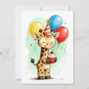 Cute Giraffe & Cupcake Kid's Happy Birthday Flat Card