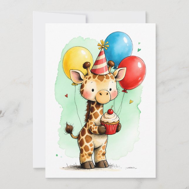 Cute Giraffe & Cupcake Kid's Happy Birthday Flat Card (Front)