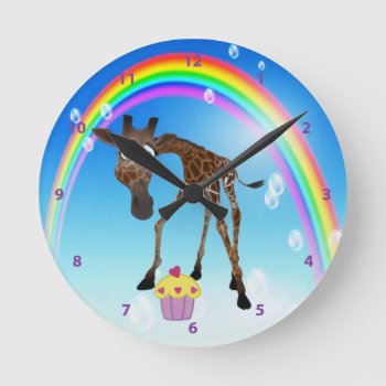 Cute Giraffe  Cupcake & Rainbow Clock by GroovyGraphics at Zazzle