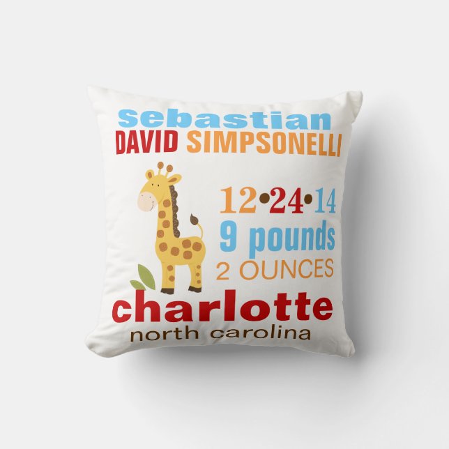 Cute Giraffe Custom Birth Announcement - Blue Throw Pillow (Front)