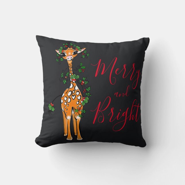 Cute Giraffe drawing, festive red green garland Throw Pillow (Front)