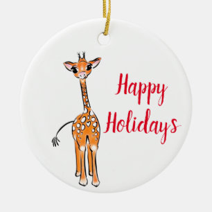 Cute Giraffe drawing, happy holiday’s Ceramic Ornament
