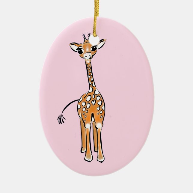 Cute giraffe drawing pink  ceramic ornament (Front)