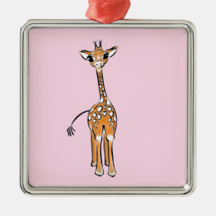 Cute giraffe drawing pink  metal ornament