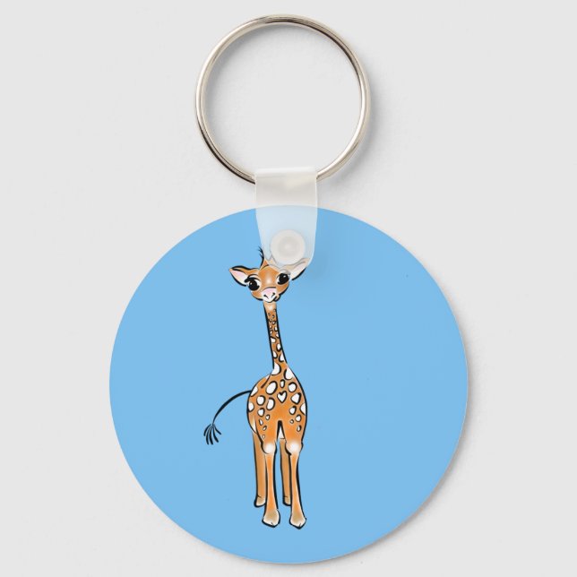 Cute Giraffe drawing safari animals blue Keychain (Front)