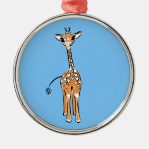 Cute Giraffe drawing safari animals blue Metal Ornament