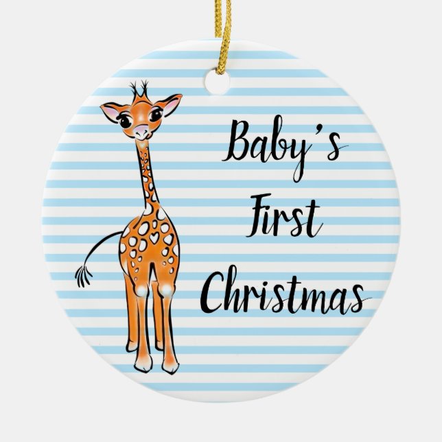 Cute giraffe drawing, safari animals, blue stripes ceramic ornament (Front)