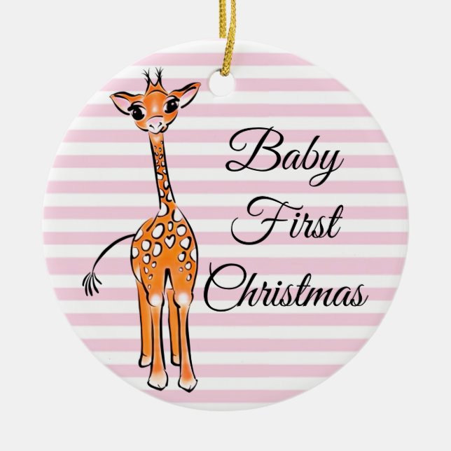 Cute giraffe drawing, safari animals, pink stripes ceramic ornament (Front)