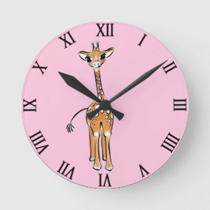 Cute giraffe drawing, safari animals  round clock