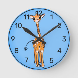 Cute giraffe drawing, safari animals  round clock