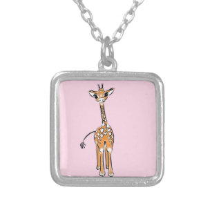 Cute Giraffe drawing, safari animals  Silver Plated Necklace