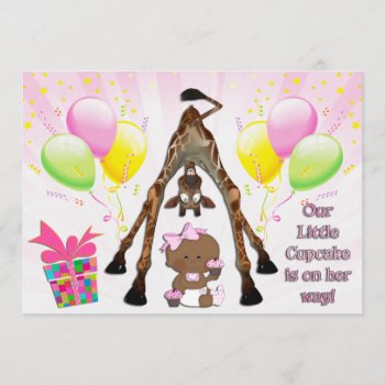 Cute Giraffe Ethnic Baby Girl Cupcakes Baby Shower Invitation by Just_Giraffes at Zazzle