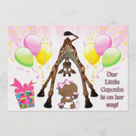 Cute Giraffe Ethnic Baby Girl Cupcakes Baby Shower Invitation
