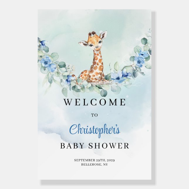 Cute Giraffe Eucalyptus Boy Baby Shower Welcome Foam Board (Front)